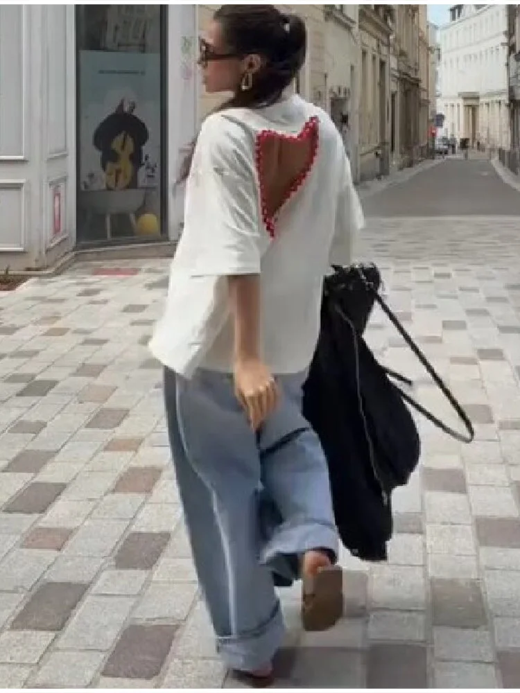 2026 Women Loose Fit Backless Heart T-shirt Sweet Red Crochet Trim Crew Neck Half Sleeve Top Summer Chic Date Daily Outfit New