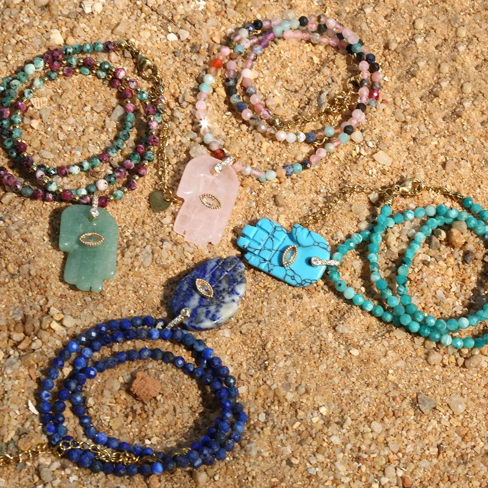 2026 popular Bohemian style Devil's Eye Buddha Hand Pendant natural stone beads chain Necklace go to Beach Travel Accessories