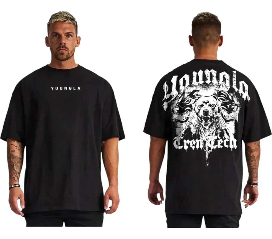 Men's Gothic Dog Head Vintage Washed T-Shirt, Aggressive Animal Graphic Streetwear Tee