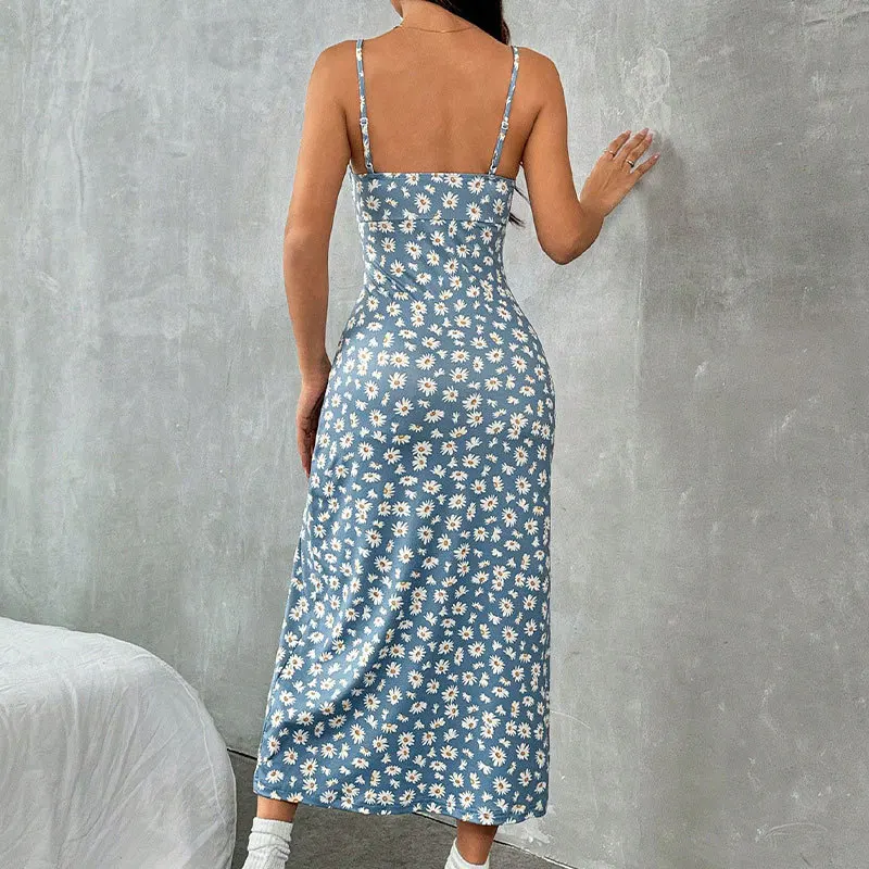 Women's Casual Dresses Daisy Floral Print Spaghetti Strap Midi Dress Square Neck Bodycon Split Summer Dress Beach Party Sundress