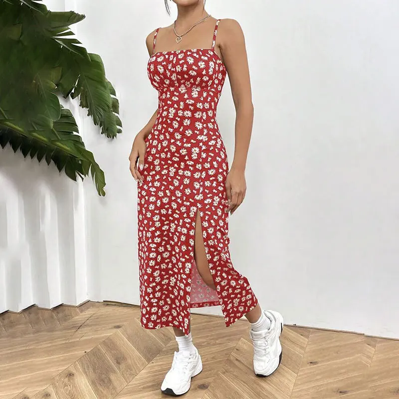 Women's Casual Dresses Daisy Floral Print Spaghetti Strap Midi Dress Square Neck Bodycon Split Summer Dress Beach Party Sundress