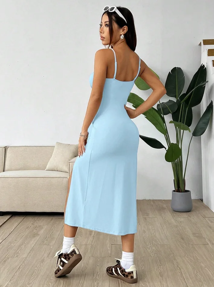 Women's Casual Dresses Daisy Floral Print Spaghetti Strap Midi Dress Square Neck Bodycon Split Summer Dress Beach Party Sundress