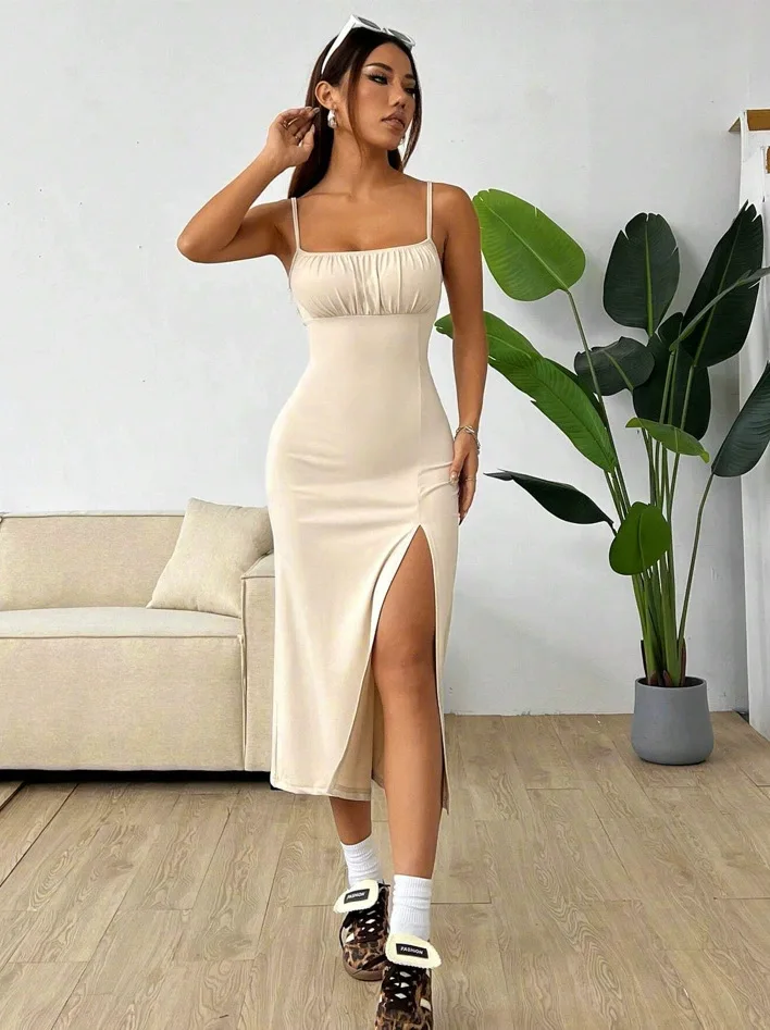 Women's Casual Dresses Daisy Floral Print Spaghetti Strap Midi Dress Square Neck Bodycon Split Summer Dress Beach Party Sundress
