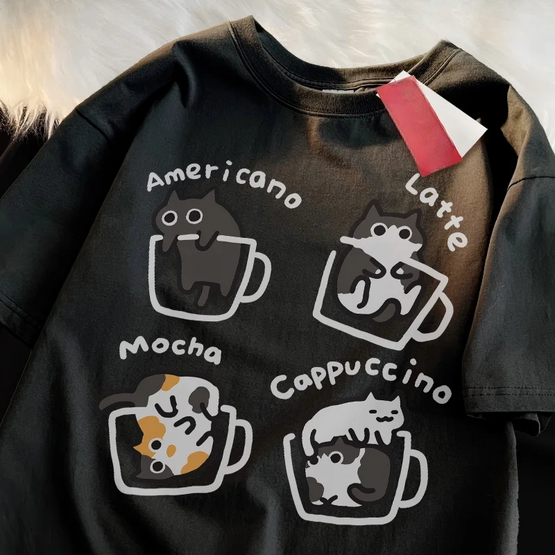 Cat Coffee Pure Trendy Summer Loose Short Sleeved T-shirt Men Women Original Mocha Latte Cat Three Flowers Fun Cat Tees