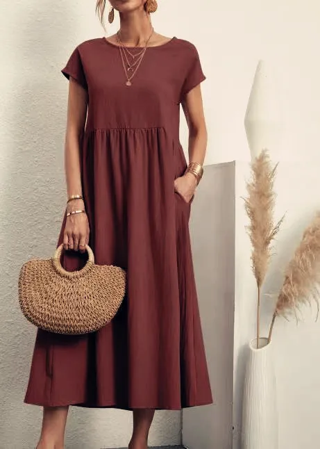 Dresses for Women  Cotton Linen Midi Casual  Short Sleeve Loose A-Line Sundress with Pockets  Solid Color Oversized Long Dress