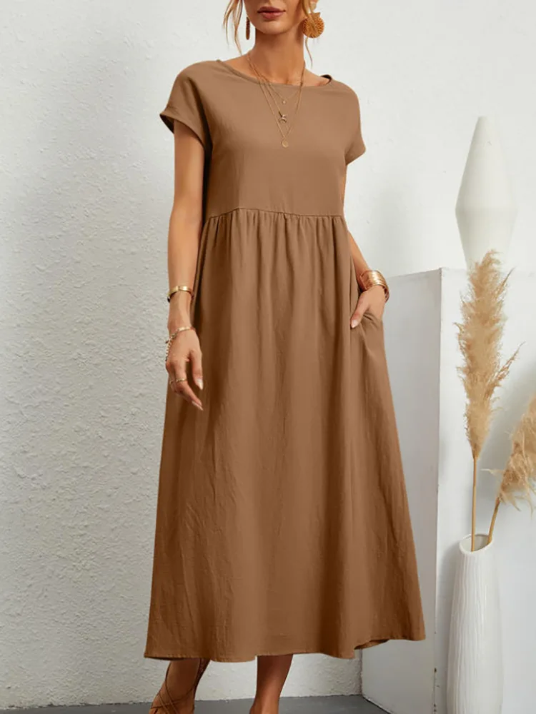 Dresses for Women  Cotton Linen Midi Casual  Short Sleeve Loose A-Line Sundress with Pockets  Solid Color Oversized Long Dress
