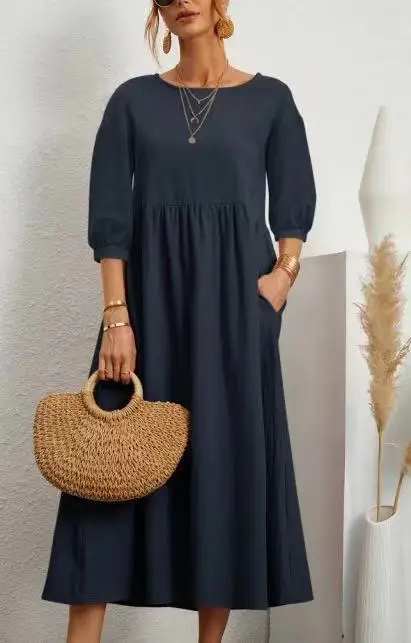 Dresses for Women  Cotton Linen Midi Casual  Short Sleeve Loose A-Line Sundress with Pockets  Solid Color Oversized Long Dress