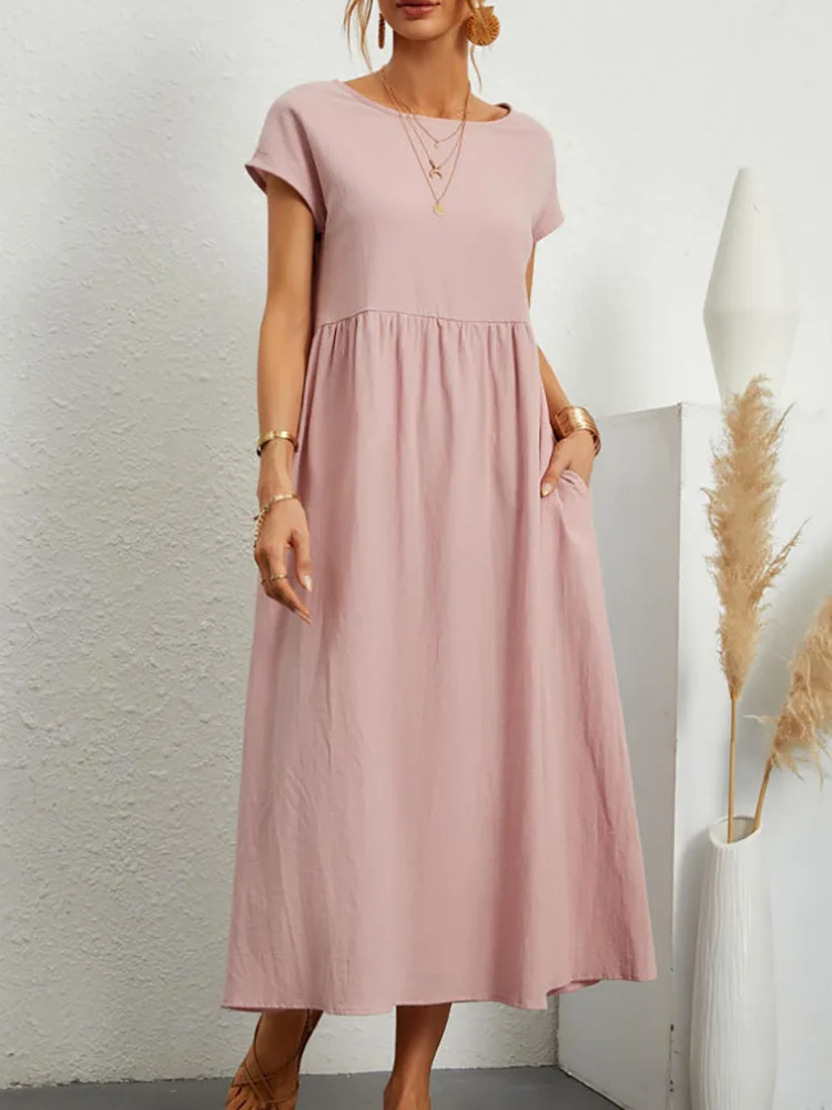 Dresses for Women  Cotton Linen Midi Casual  Short Sleeve Loose A-Line Sundress with Pockets  Solid Color Oversized Long Dress