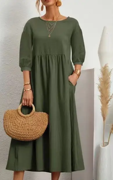 Dresses for Women  Cotton Linen Midi Casual  Short Sleeve Loose A-Line Sundress with Pockets  Solid Color Oversized Long Dress