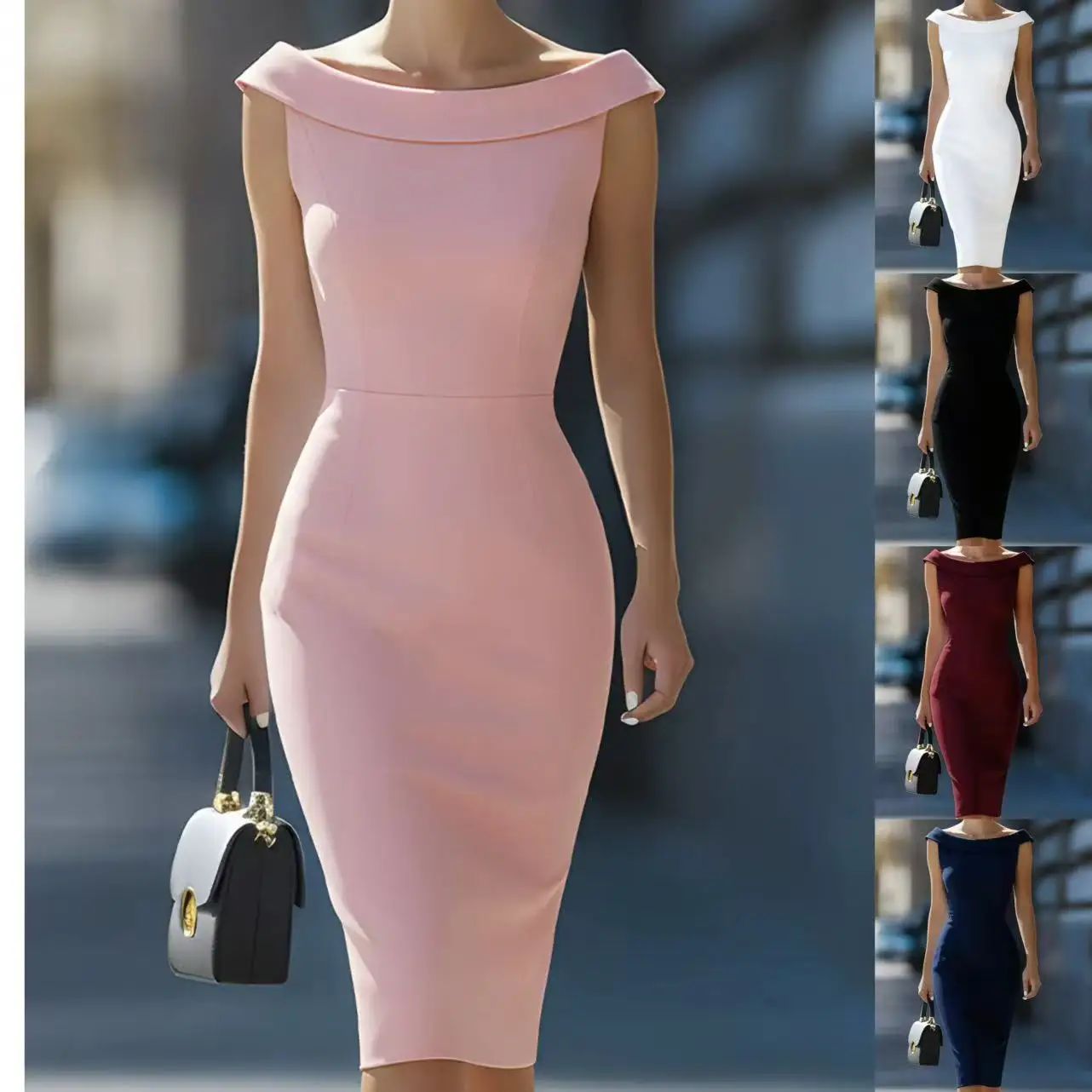 Sleeveless Off Shoulder Bodycon Midi Dress Elegant Office Cocktail Party Slim Fit Workwear