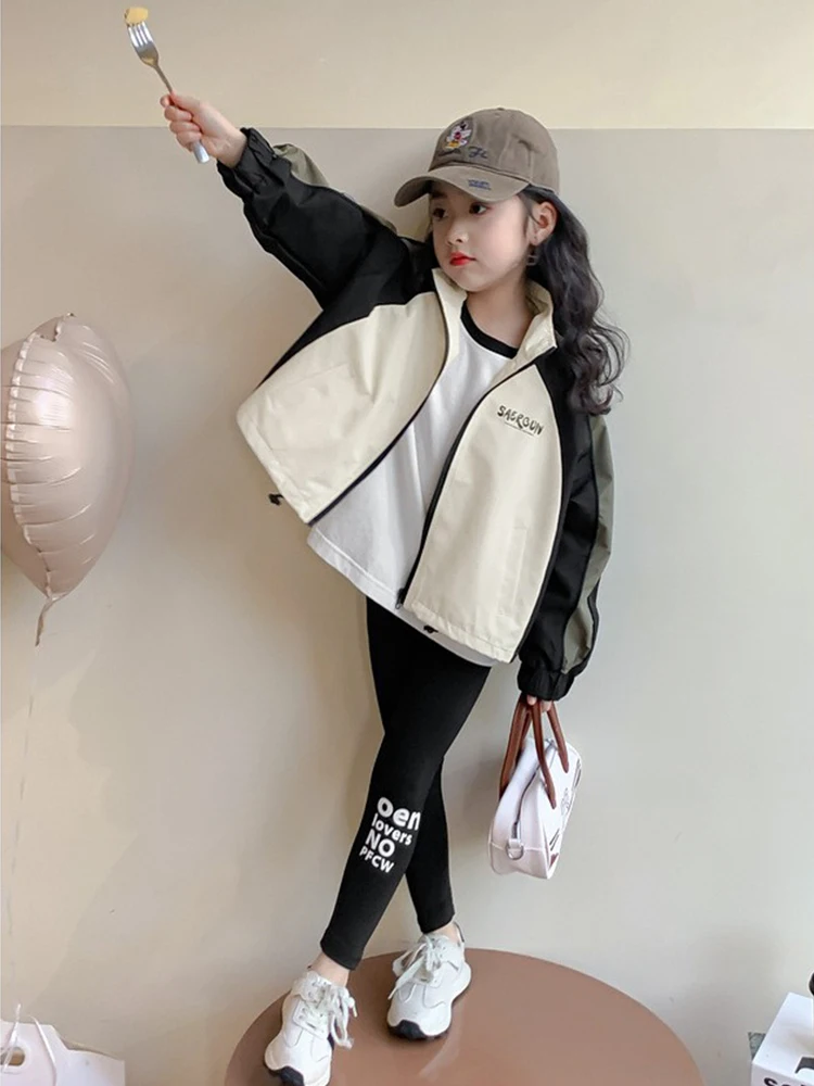 Kids Girls Spring Windbreaker Jackets Colorblocking Trench Zipper Coats Autumn Children Casual Clothes Baseball Outerwear 2-10 Y