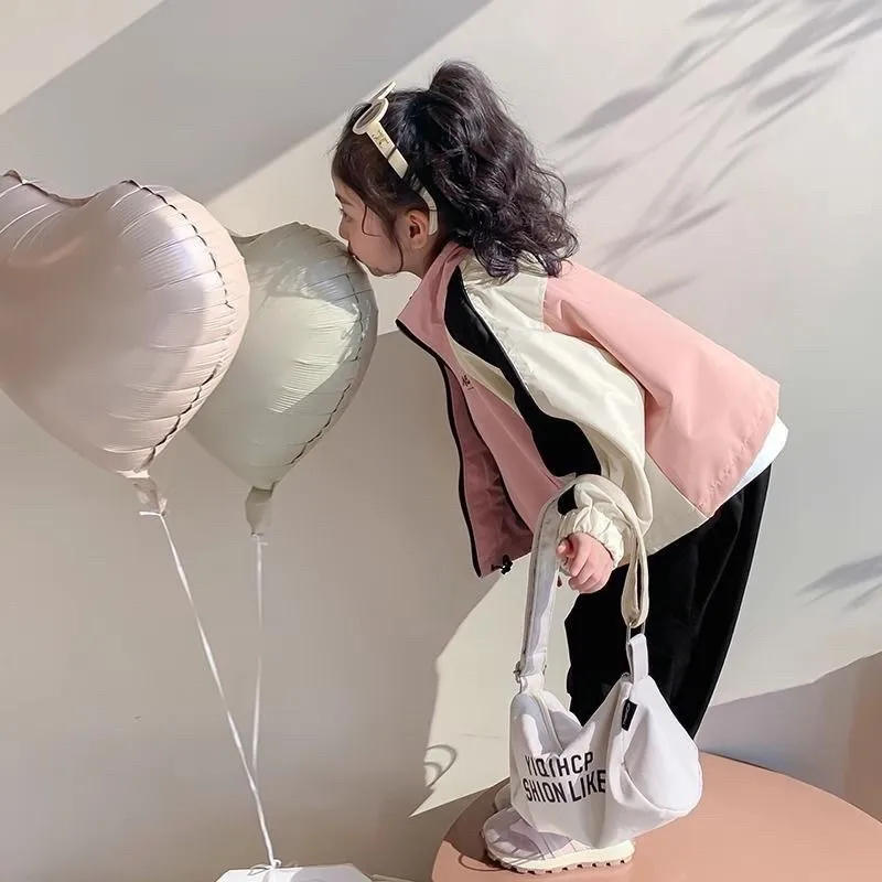Kids Girls Spring Windbreaker Jackets Colorblocking Trench Zipper Coats Autumn Children Casual Clothes Baseball Outerwear 2-10 Y