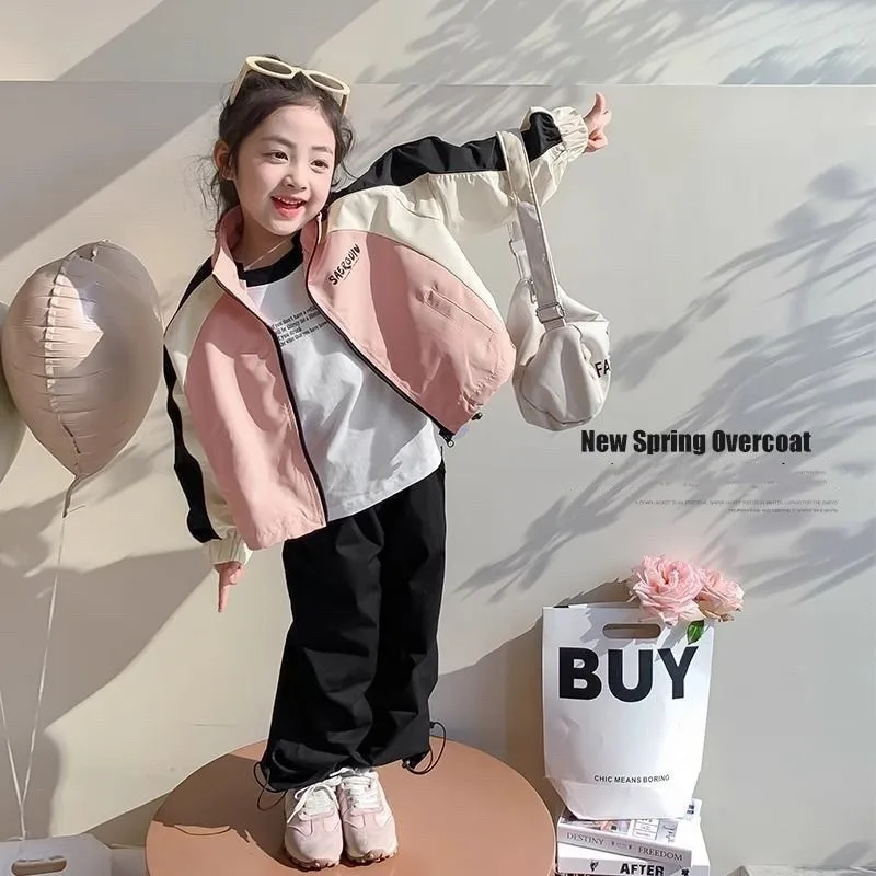 Kids Girls Spring Windbreaker Jackets Colorblocking Trench Zipper Coats Autumn Children Casual Clothes Baseball Outerwear 2-10 Y