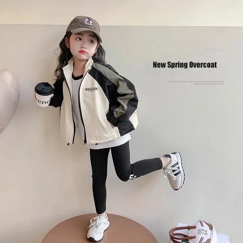 Kids Girls Spring Windbreaker Jackets Colorblocking Trench Zipper Coats Autumn Children Casual Clothes Baseball Outerwear 2-10 Y