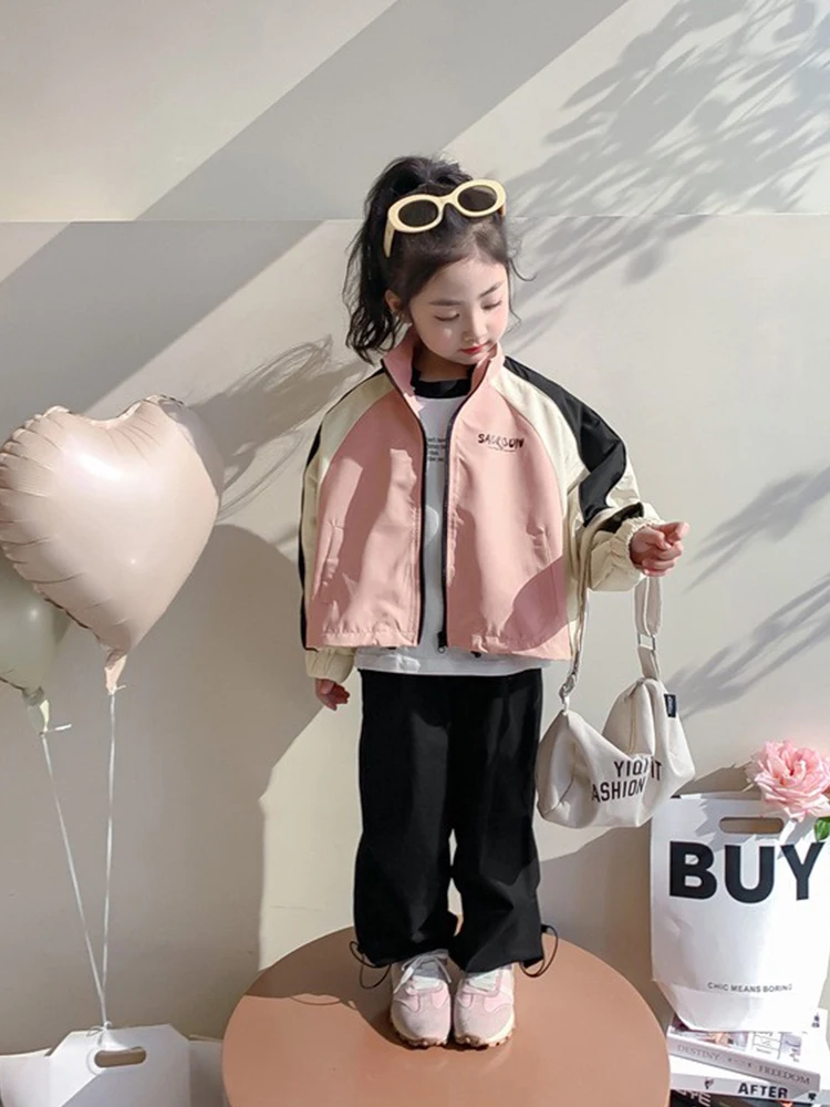Kids Girls Spring Windbreaker Jackets Colorblocking Trench Zipper Coats Autumn Children Casual Clothes Baseball Outerwear 2-10 Y