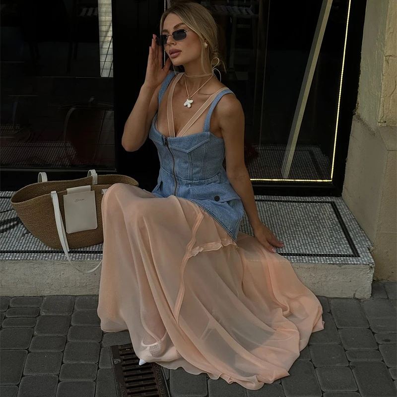 Fashion Women's Denim Vest Top Sling Double Zipper Sleeveless Backless Tank 2026 Spring Summer Lady All-matching Outwears New