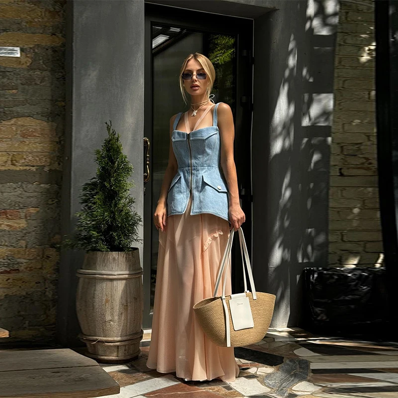 Fashion Women's Denim Vest Top Sling Double Zipper Sleeveless Backless Tank 2026 Spring Summer Lady All-matching Outwears New
