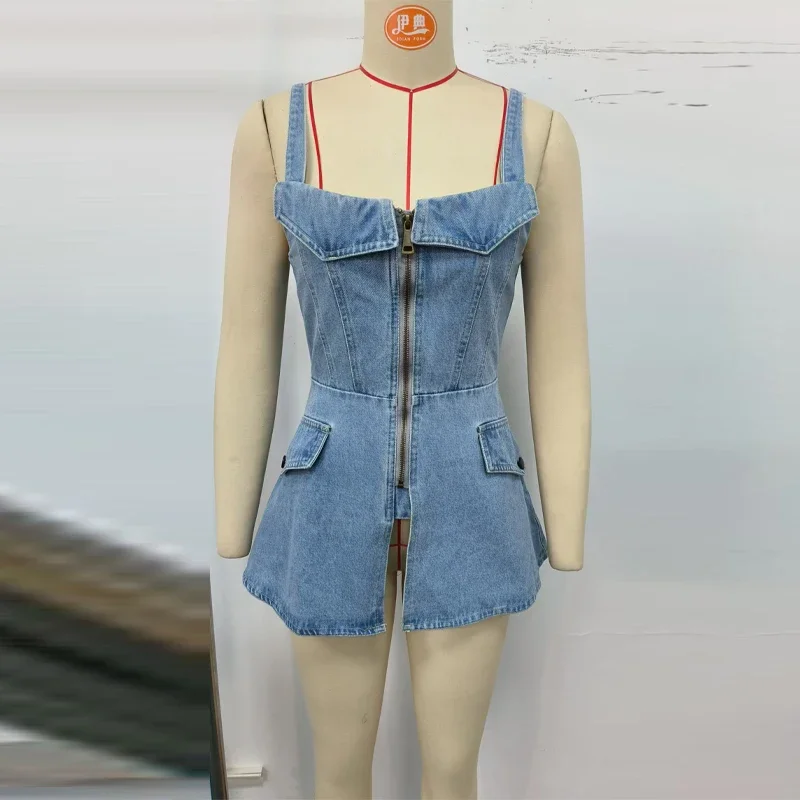Fashion Women's Denim Vest Top Sling Double Zipper Sleeveless Backless Tank 2026 Spring Summer Lady All-matching Outwears New