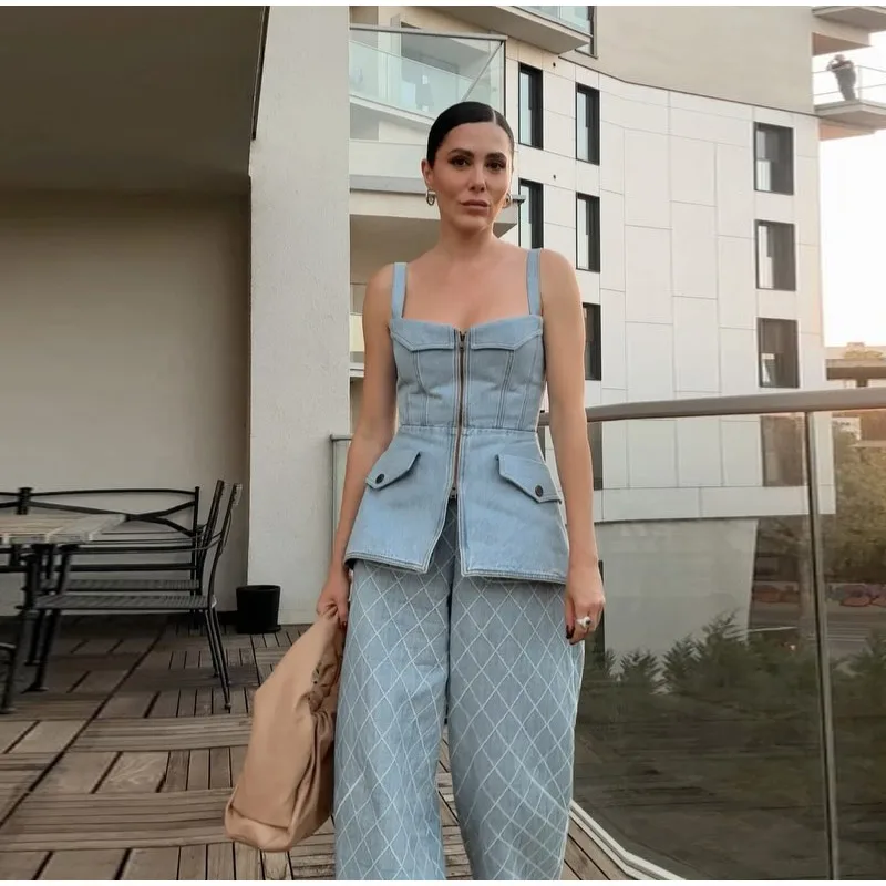Fashion Women's Denim Vest Top Sling Double Zipper Sleeveless Backless Tank 2026 Spring Summer Lady All-matching Outwears New