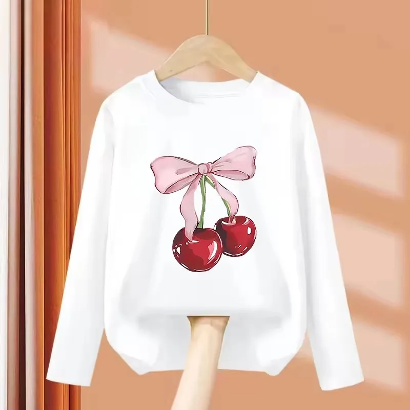 Long Sleeve 2026 Girls Y2k Bow with Cherry Fashion T Shirts Kids Children's T-shirt Girls Summer Spring Casual Top Tee