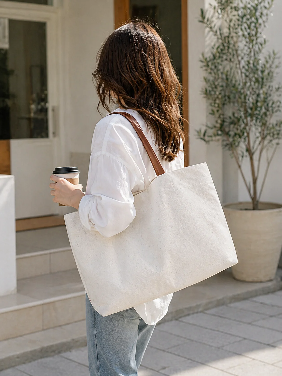 Women Canvas Tote Bag Large Casual Shoulder Handbag Minimalist White Work Bag with Magnetic Snap for Travel Shopping Daily Use