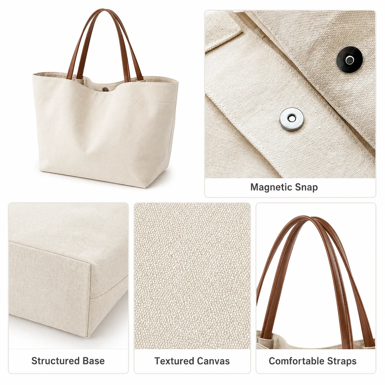Women Canvas Tote Bag Large Casual Shoulder Handbag Minimalist White Work Bag with Magnetic Snap for Travel Shopping Daily Use