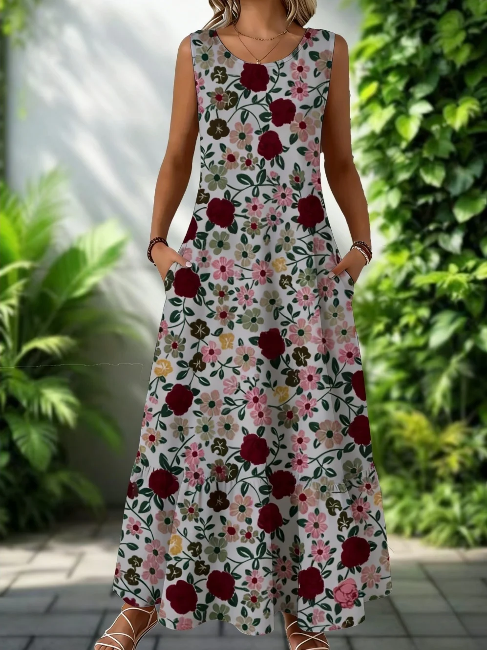 2026 New Women's Dress Fashion Floral Print New Sleeveless Design Dresses Summer Outdoor Beach Vacation Ankle Long Women's Dress