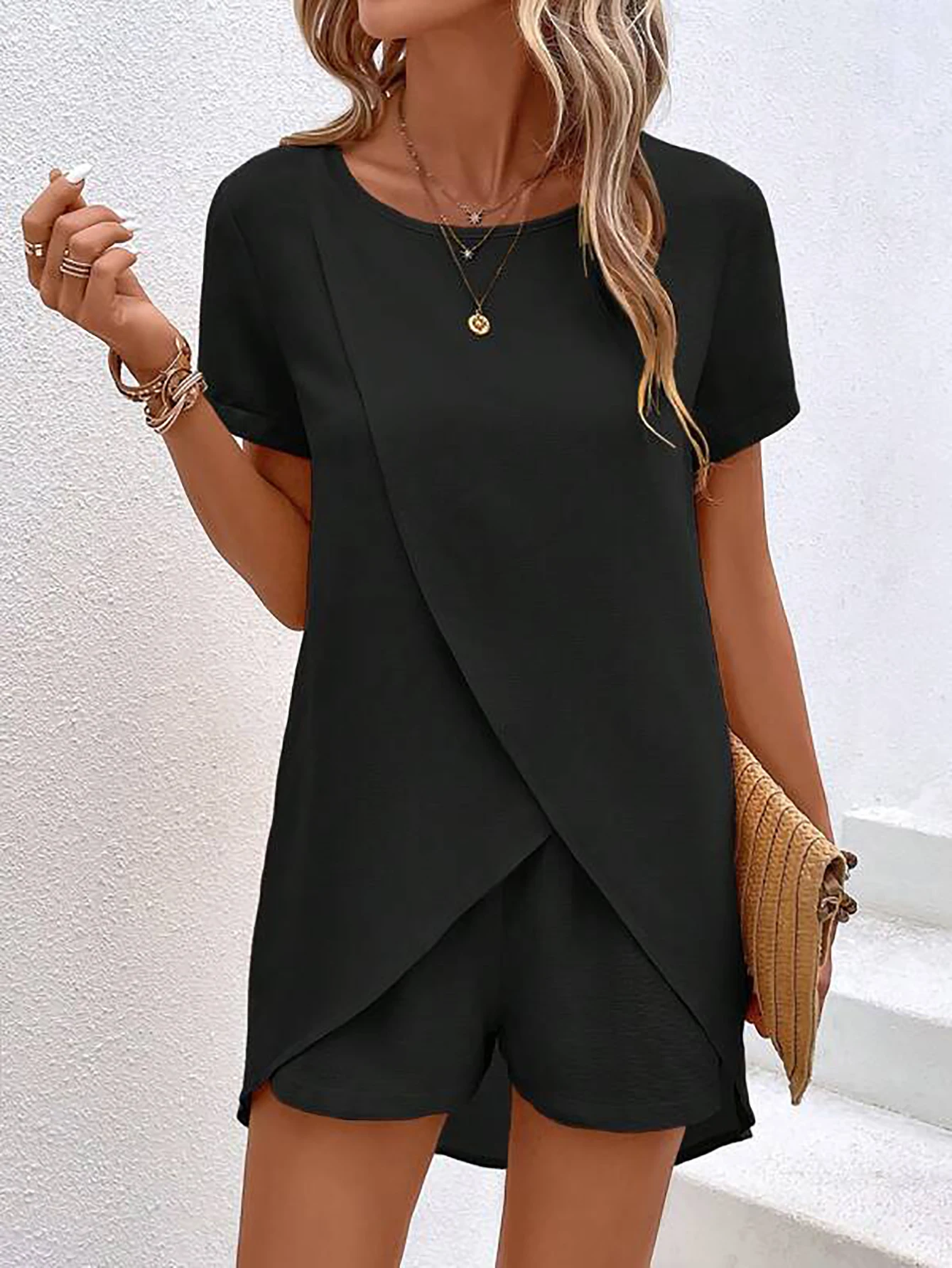 Women Two Piece Outfit Round Neck Short Sleeve Wrap Top Shorts Loose Fit Spring Summer Daily Wear Breathable Lightweight Set