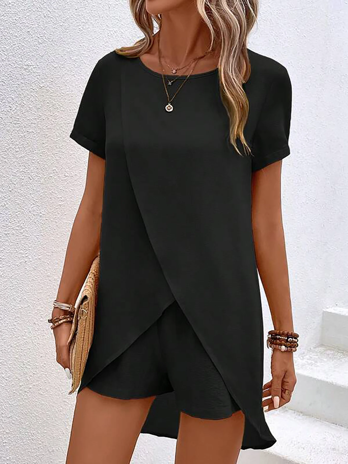 Women Two Piece Outfit Round Neck Short Sleeve Wrap Top Shorts Loose Fit Spring Summer Daily Wear Breathable Lightweight Set