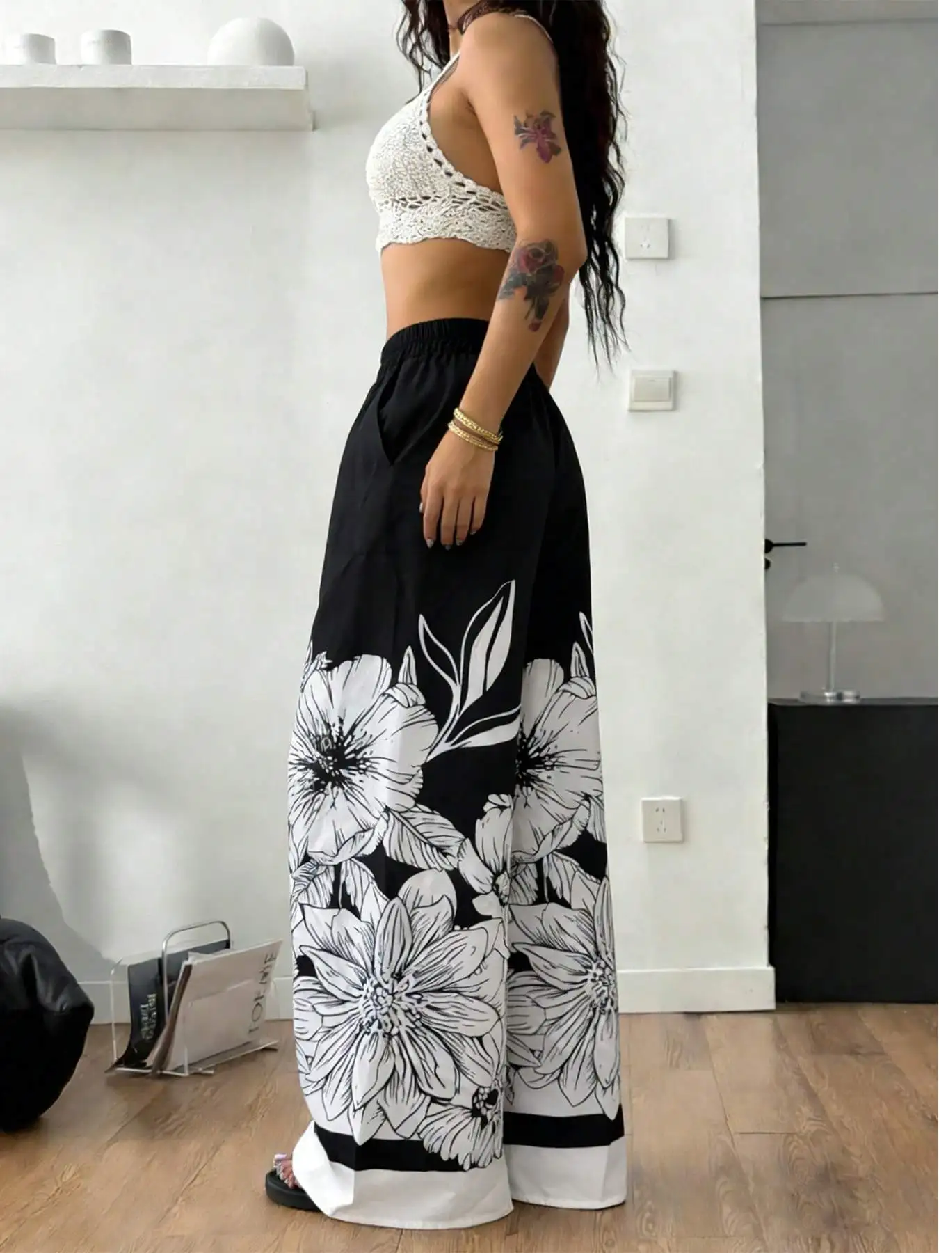Large-Sized Printed Pants, Casual Tie Waist Wide-Leg Pants, Spring and Summer, Large-Sized Women's Clothing