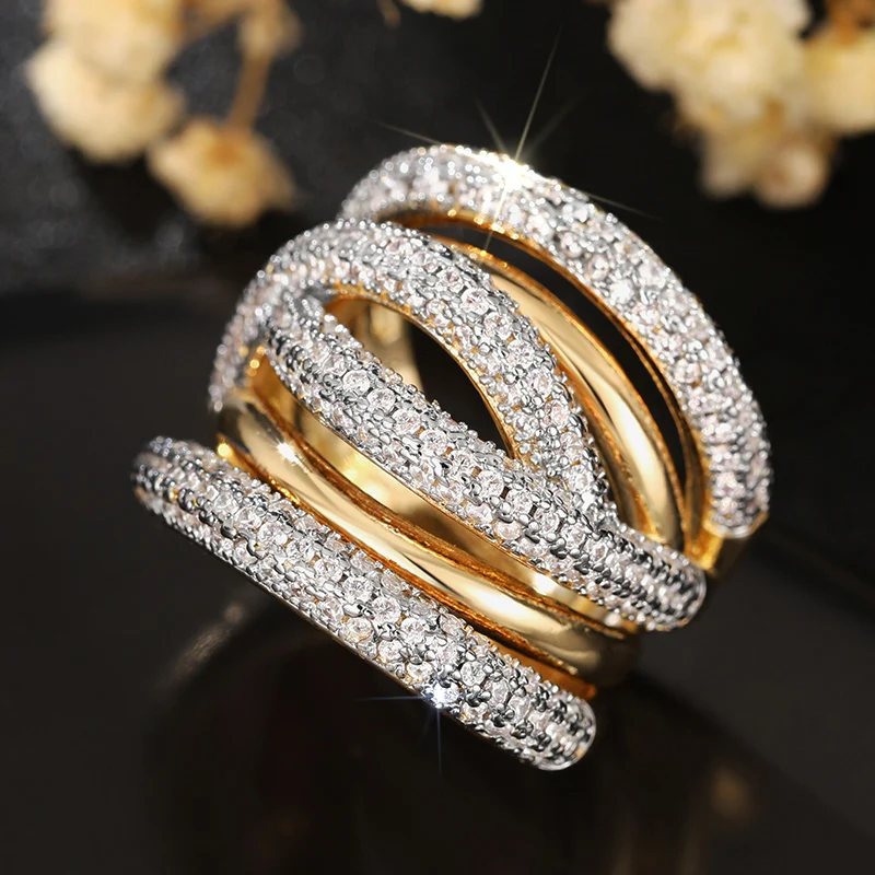 Huitan Cross Design Women Ring Full Shining CZ Gorgeous Two Tone Accessories for Wedding Party Fashion Lady Noble Jewelry Gift