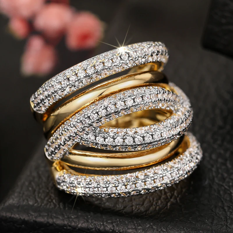Huitan Cross Design Women Ring Full Shining CZ Gorgeous Two Tone Accessories for Wedding Party Fashion Lady Noble Jewelry Gift