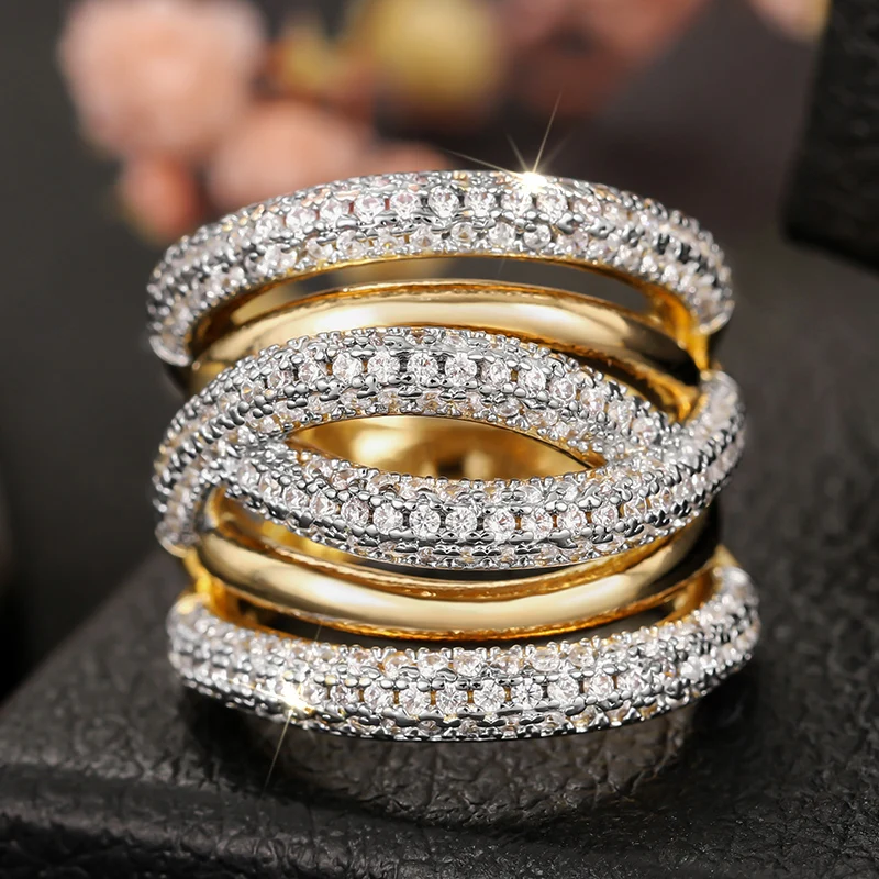 Huitan Cross Design Women Ring Full Shining CZ Gorgeous Two Tone Accessories for Wedding Party Fashion Lady Noble Jewelry Gift