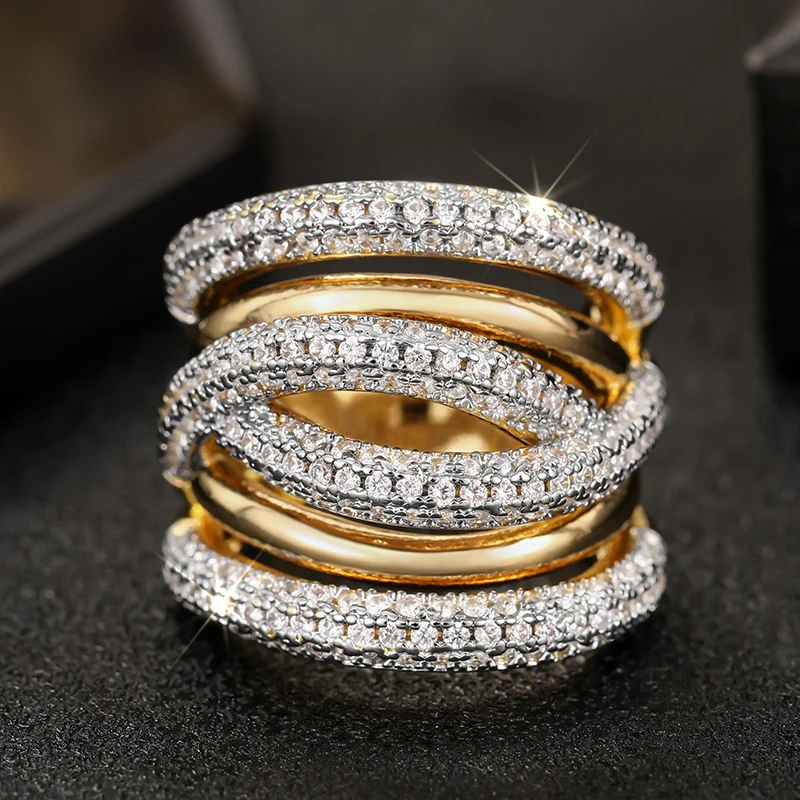 Huitan Cross Design Women Ring Full Shining CZ Gorgeous Two Tone Accessories for Wedding Party Fashion Lady Noble Jewelry Gift
