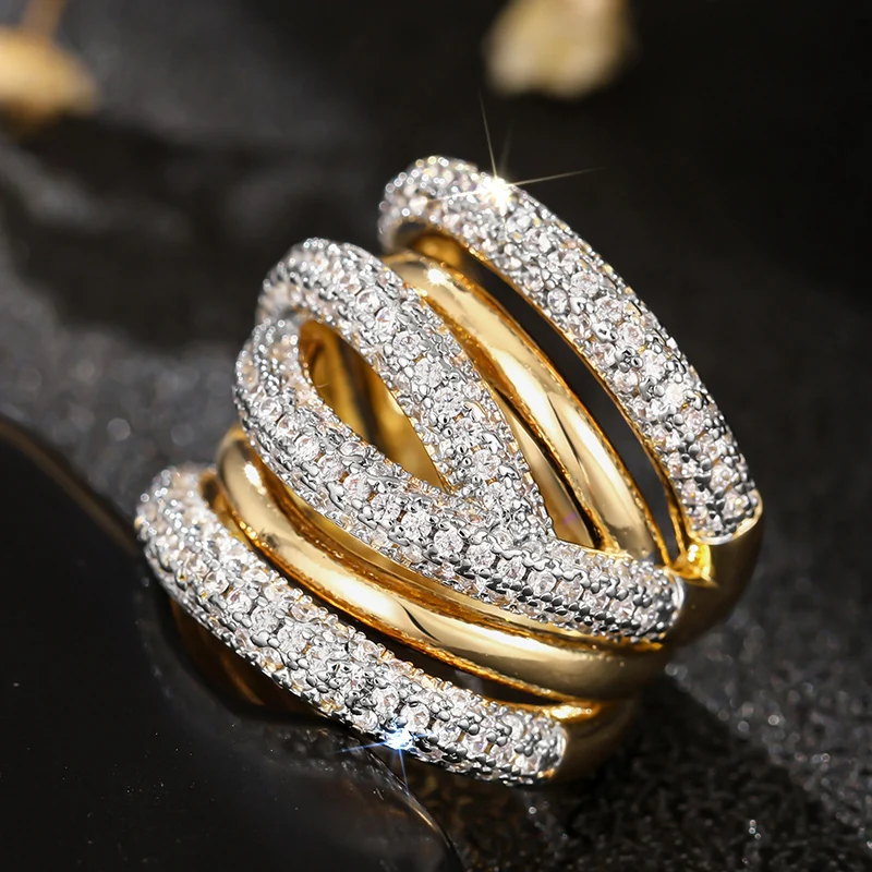 Huitan Cross Design Women Ring Full Shining CZ Gorgeous Two Tone Accessories for Wedding Party Fashion Lady Noble Jewelry Gift