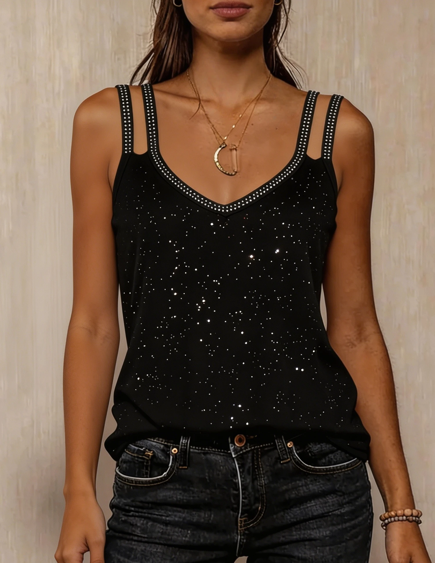 Sexy Black Rhinestone V Neck Cami Top Double Strap Glitter Sparkle Tank Blouse, For Nightclub Party Date Night Outfits