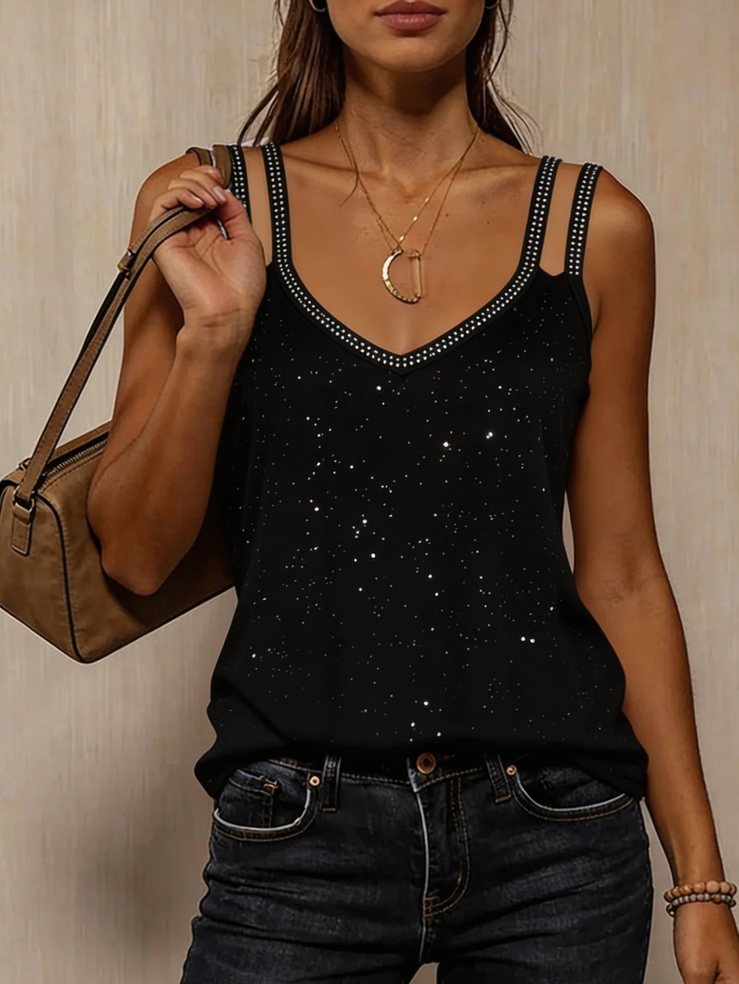 Sexy Black Rhinestone V Neck Cami Top Double Strap Glitter Sparkle Tank Blouse, For Nightclub Party Date Night Outfits