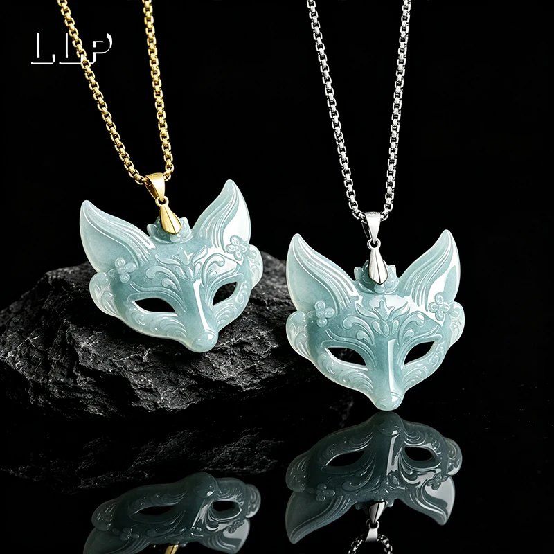 Lady's Natural Blue Jade Fox Face Pendant, With S925 Silver Clasp And Silver Chain Lucky Charm Jewelry Gift