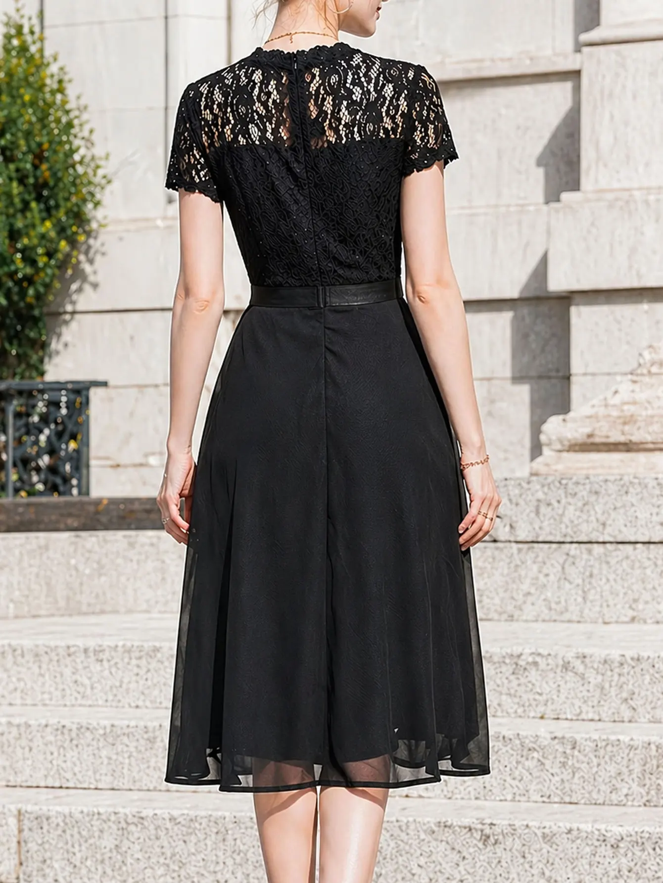 Women Short Sleeveless Sexy V-Neck Holiday Prom Knee Length Splice Ruffles Chiffon Elegant Full Skirt A-Line Dress