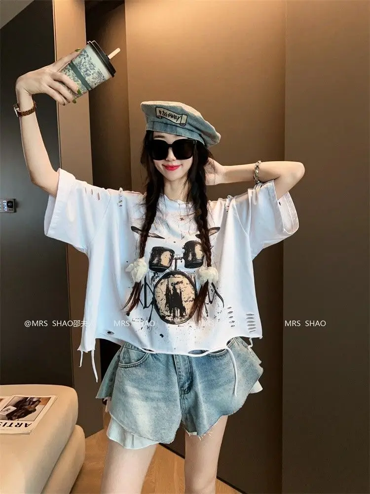 Vintage Ripped Short Sleeve T-shirts Women Casual Summer Graphic Tee Oversized T-shirt Streetwear Fashion Baggy Crop Top
