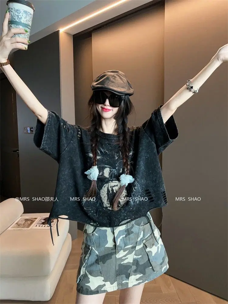 Vintage Ripped Short Sleeve T-shirts Women Casual Summer Graphic Tee Oversized T-shirt Streetwear Fashion Baggy Crop Top