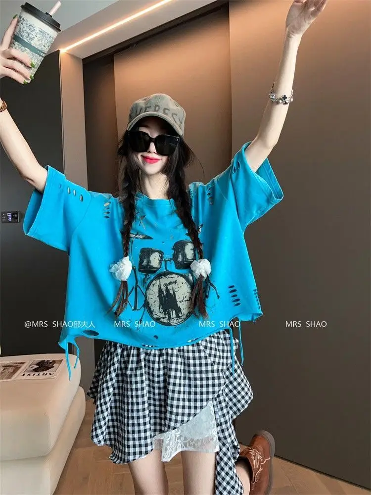 Vintage Ripped Short Sleeve T-shirts Women Casual Summer Graphic Tee Oversized T-shirt Streetwear Fashion Baggy Crop Top