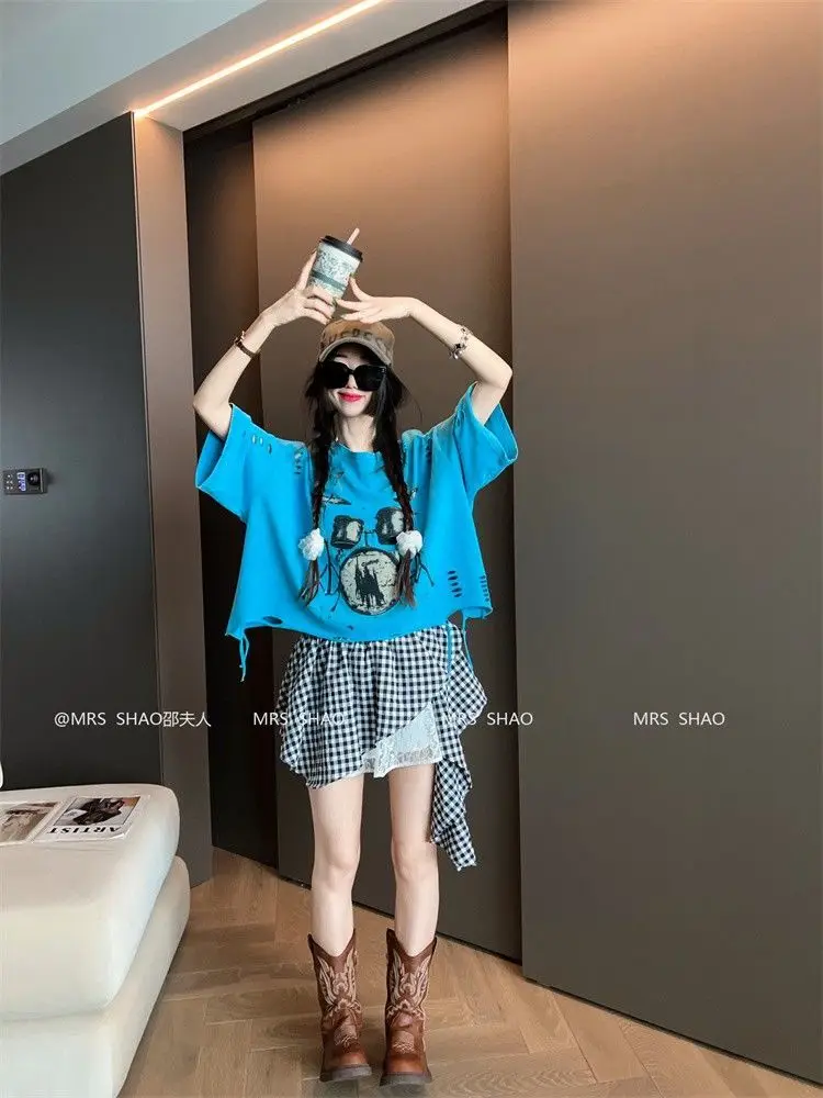 Vintage Ripped Short Sleeve T-shirts Women Casual Summer Graphic Tee Oversized T-shirt Streetwear Fashion Baggy Crop Top
