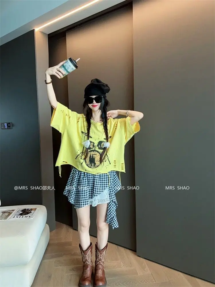 Vintage Ripped Short Sleeve T-shirts Women Casual Summer Graphic Tee Oversized T-shirt Streetwear Fashion Baggy Crop Top