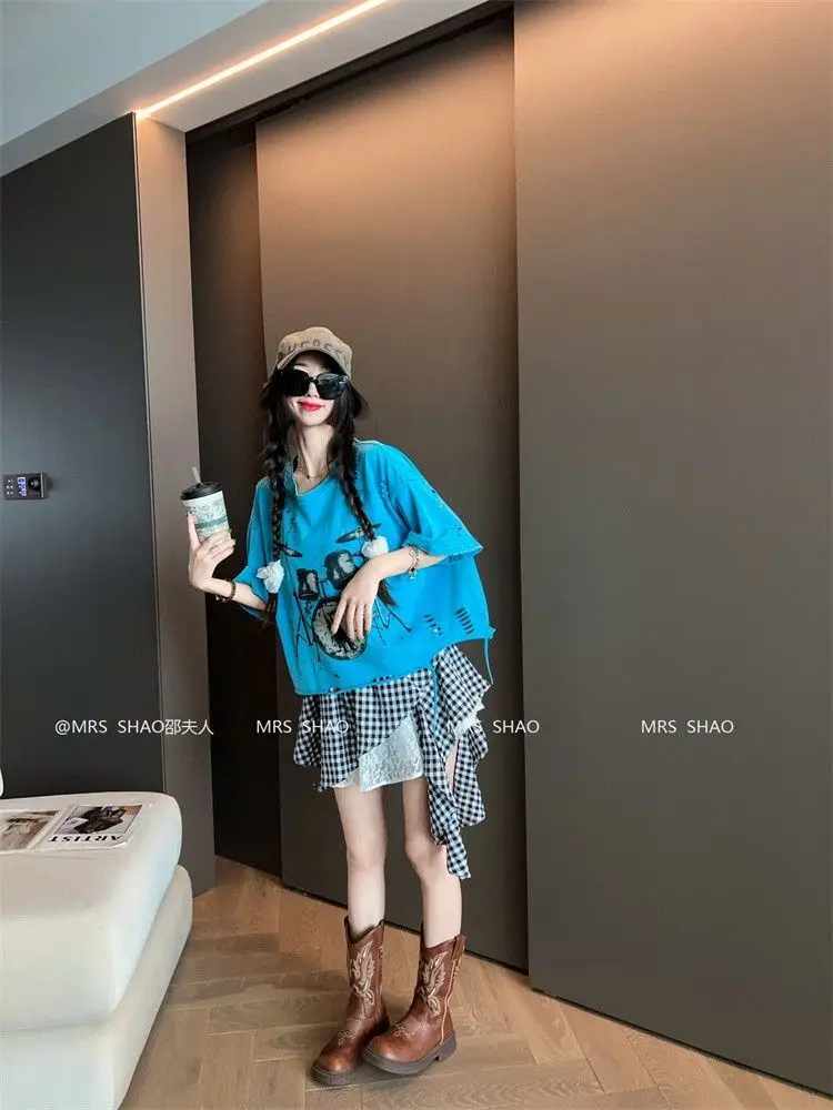 Vintage Ripped Short Sleeve T-shirts Women Casual Summer Graphic Tee Oversized T-shirt Streetwear Fashion Baggy Crop Top