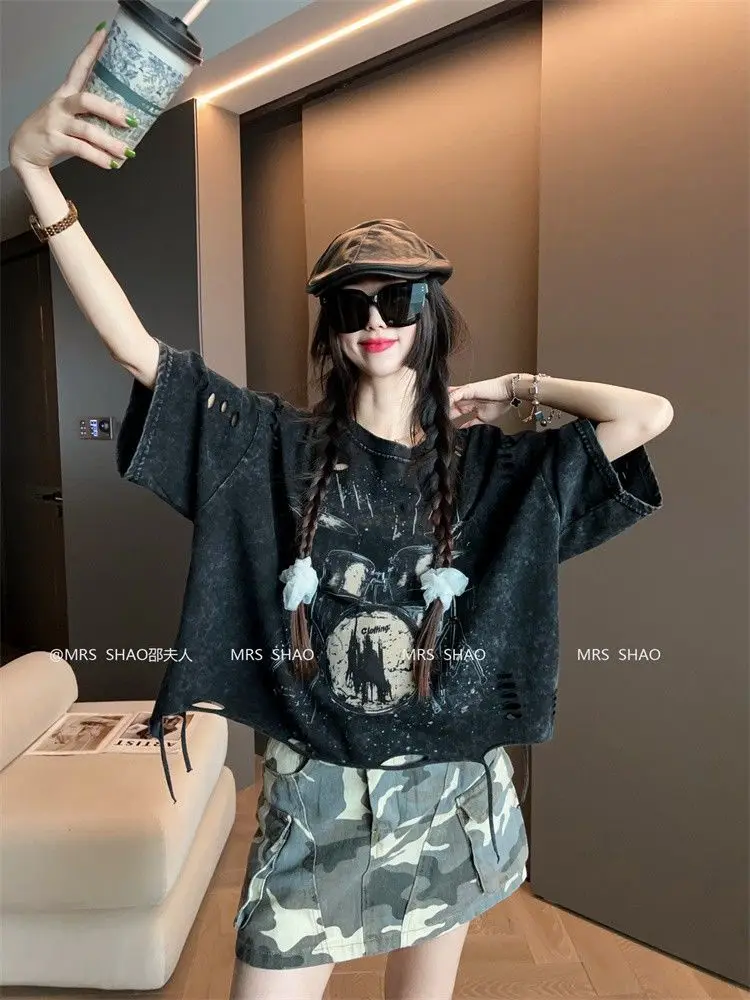 Vintage Ripped Short Sleeve T-shirts Women Casual Summer Graphic Tee Oversized T-shirt Streetwear Fashion Baggy Crop Top