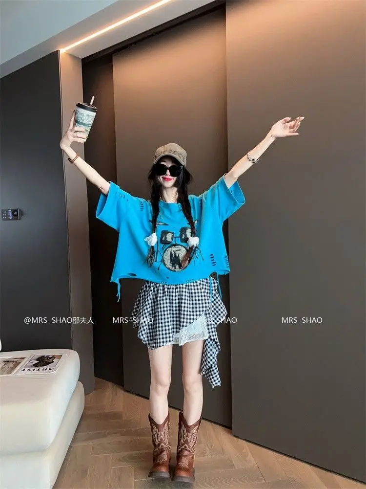 Vintage Ripped Short Sleeve T-shirts Women Casual Summer Graphic Tee Oversized T-shirt Streetwear Fashion Baggy Crop Top