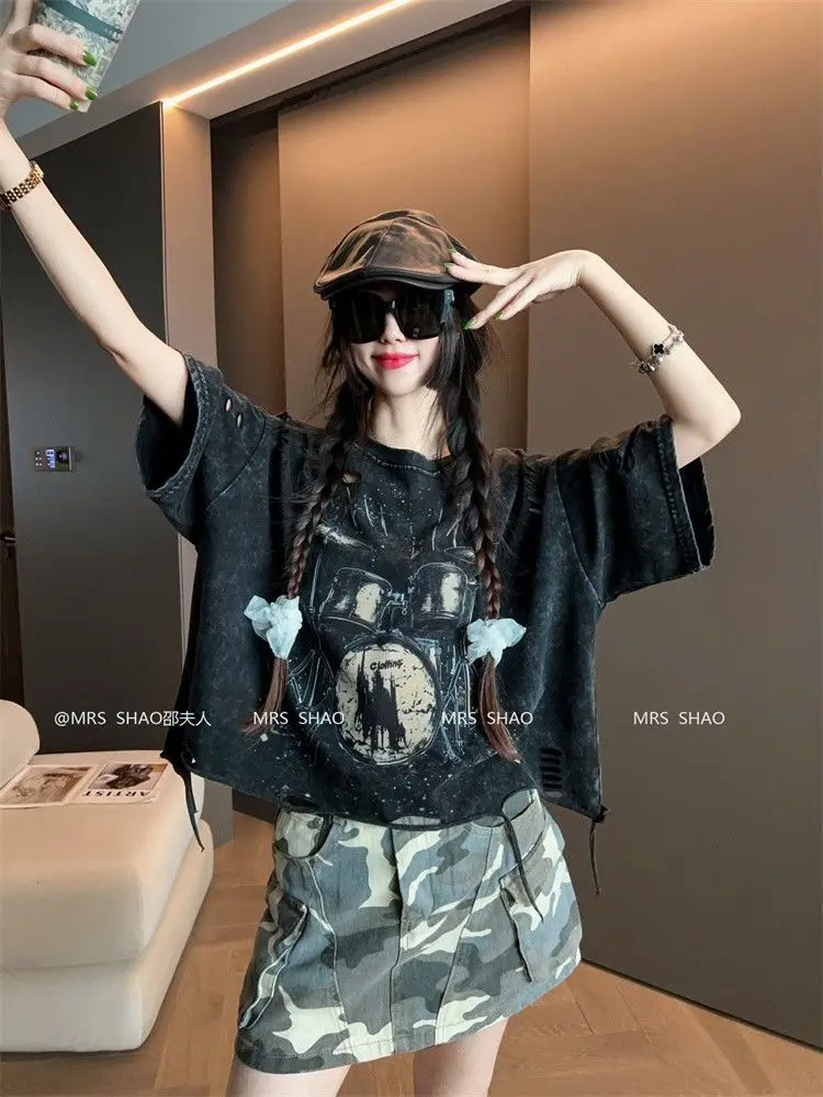 Vintage Ripped Short Sleeve T-shirts Women Casual Summer Graphic Tee Oversized T-shirt Streetwear Fashion Baggy Crop Top