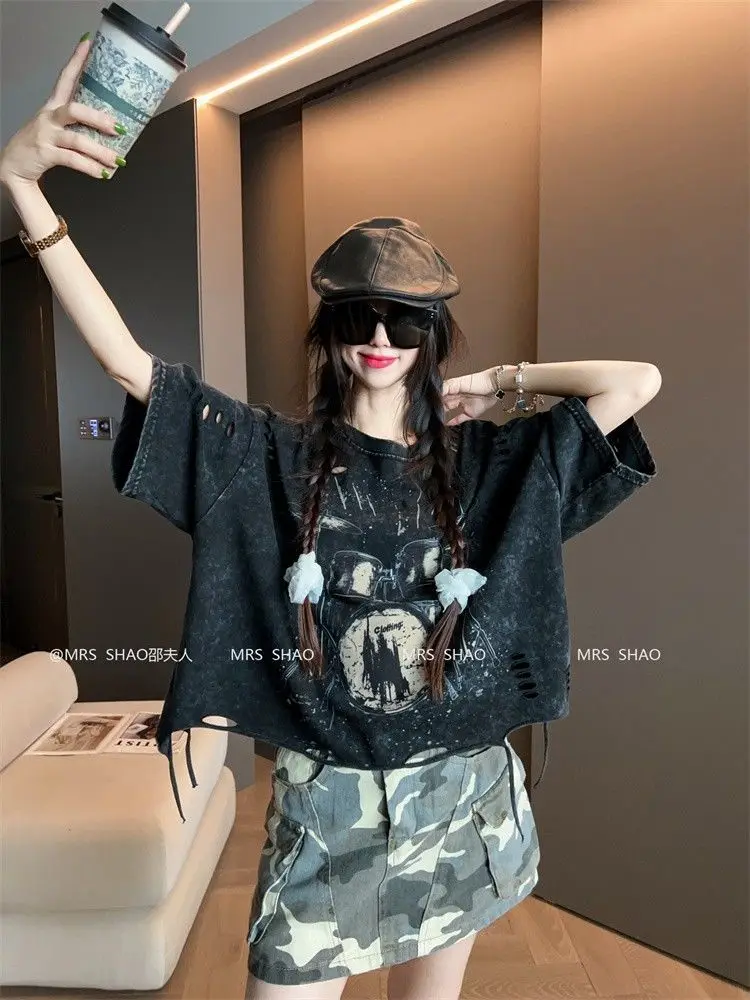 Vintage Ripped Short Sleeve T-shirts Women Casual Summer Graphic Tee Oversized T-shirt Streetwear Fashion Baggy Crop Top