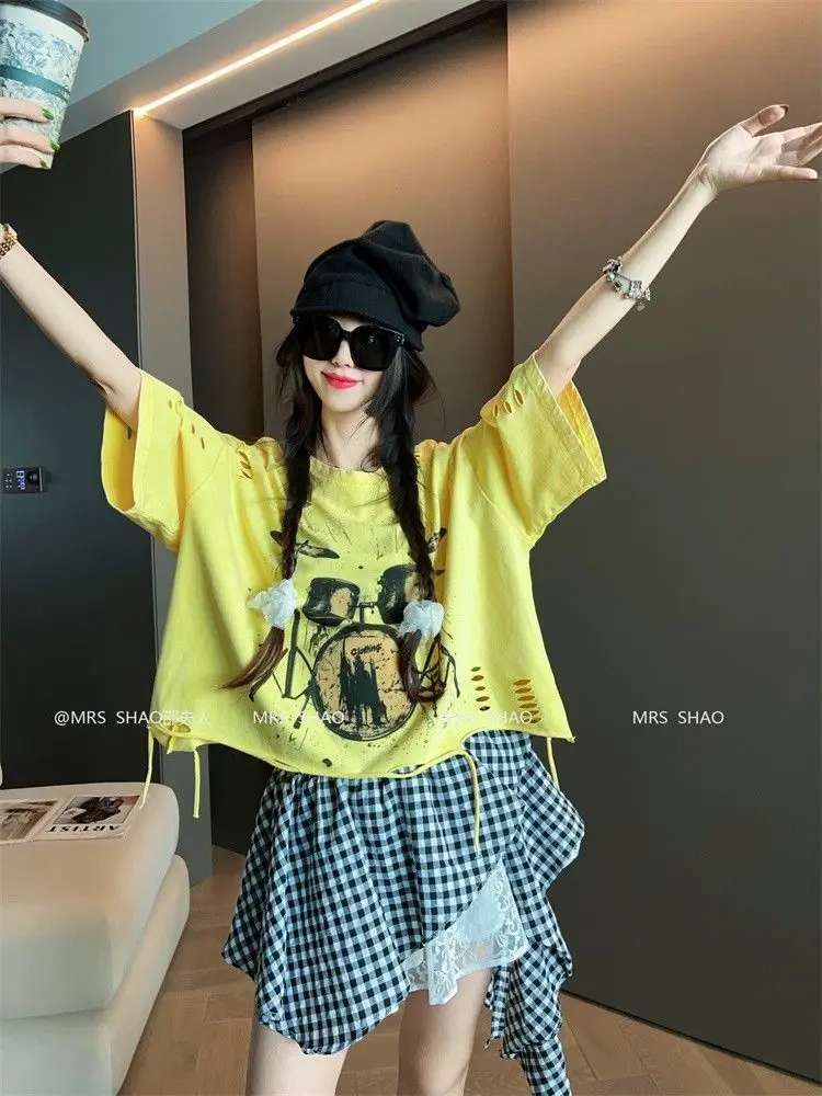 Vintage Ripped Short Sleeve T-shirts Women Casual Summer Graphic Tee Oversized T-shirt Streetwear Fashion Baggy Crop Top